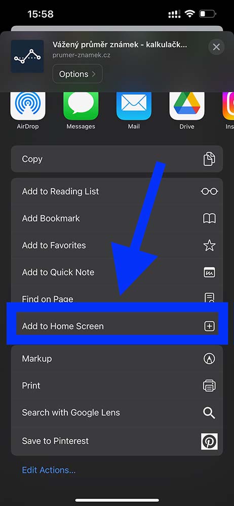 Safari - v menu zvolte přidat na plochu